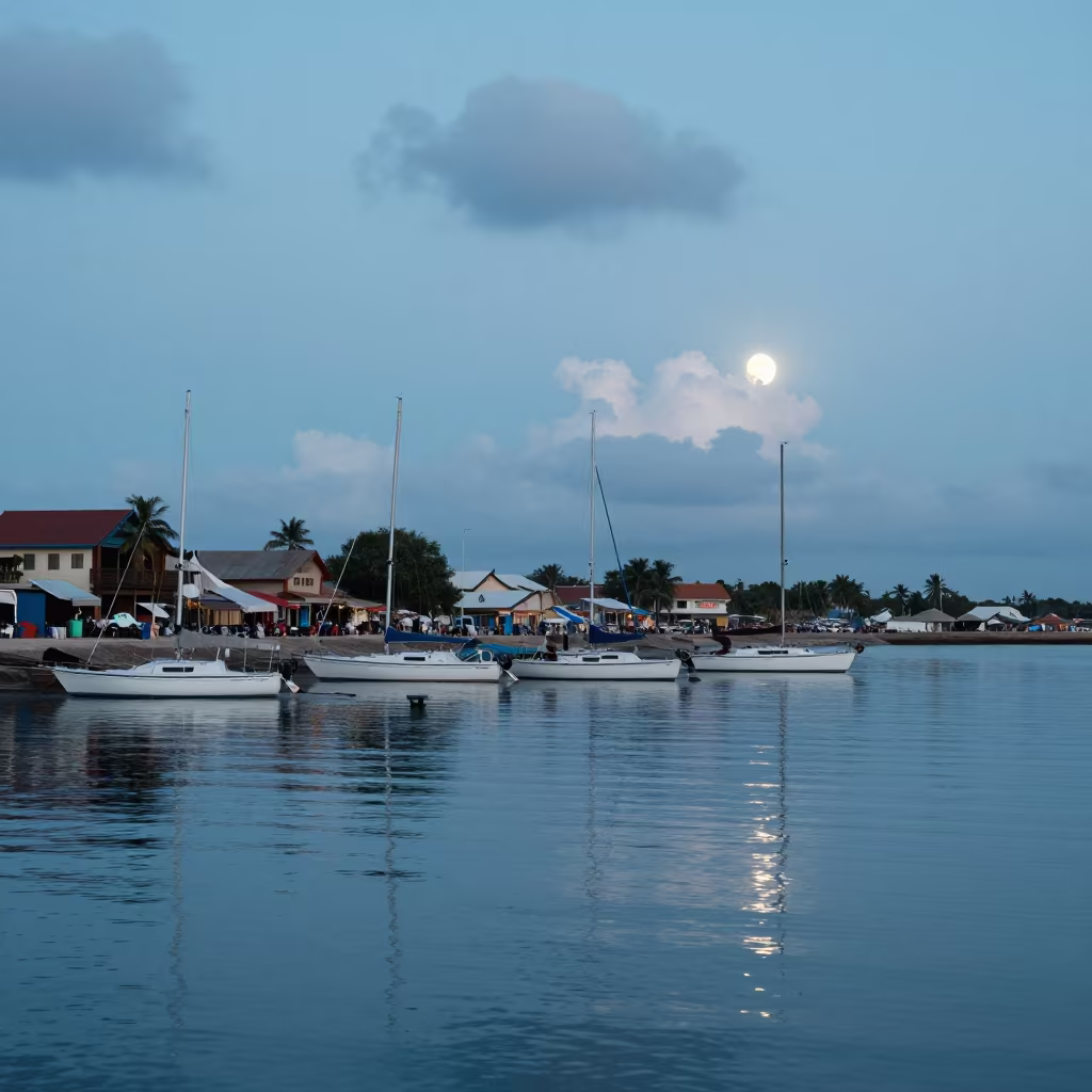 Moonrise over Zanzibar Harbor at Twilight in along a switchback approach near Darajani Market, Zanzibar City