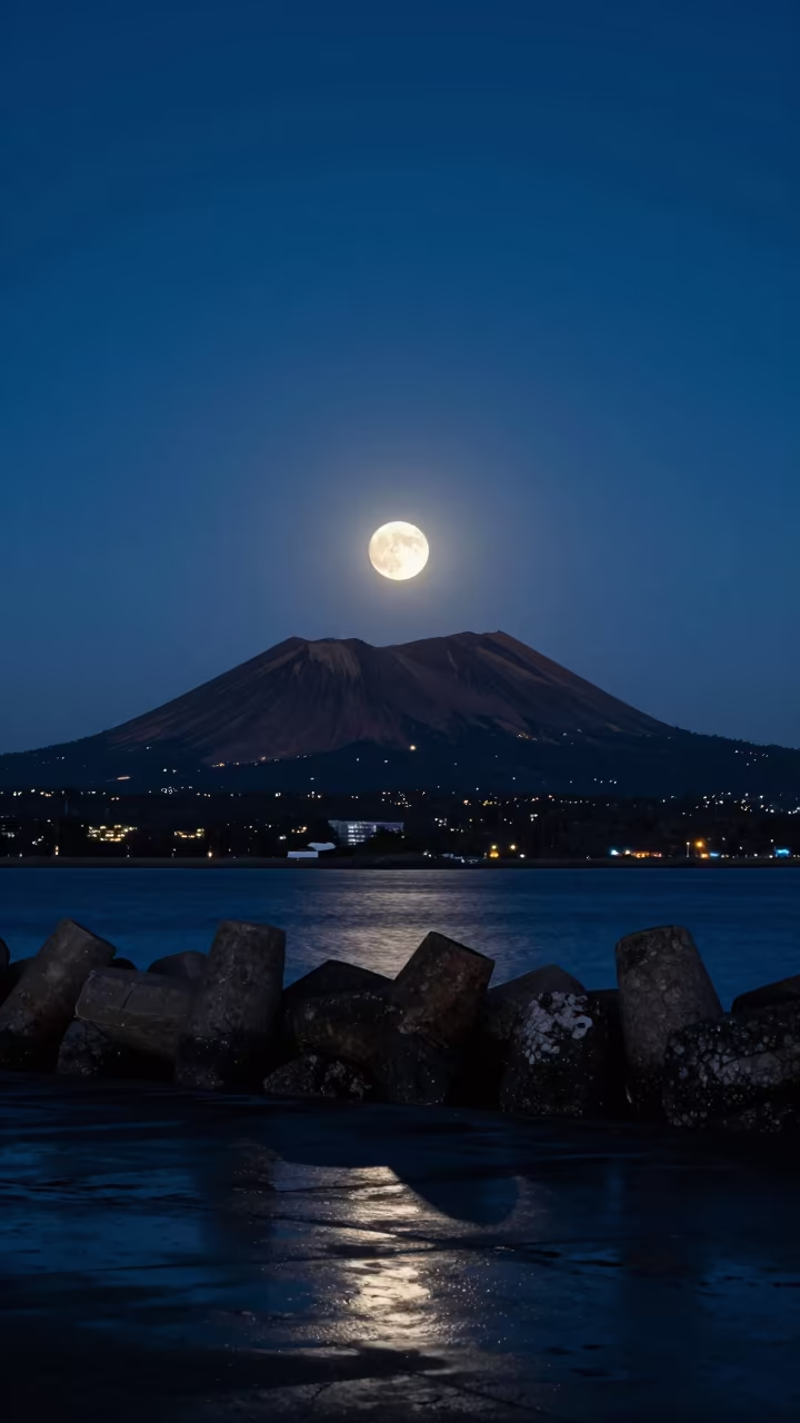 Moonrise Over Volcanic Cone San Marcos Night in from a moonlit breakwater near San Marcos, Quito