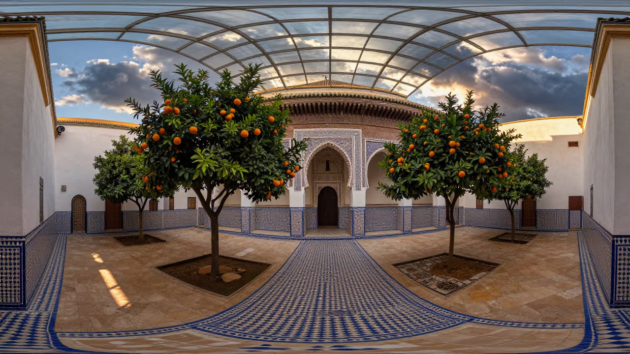 Moorish Courtyard Orange Trees Tile Work in inside a glass-roofed arcade in Tétouan