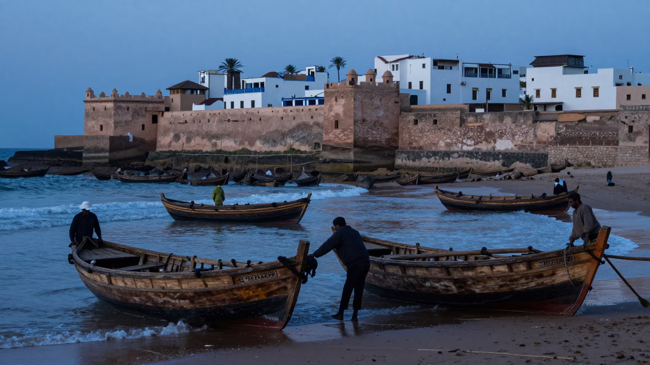Moorish fishermen launching wooden dhows at nautical dawn in Essaouira Morocco in in Essaouira, Morocco