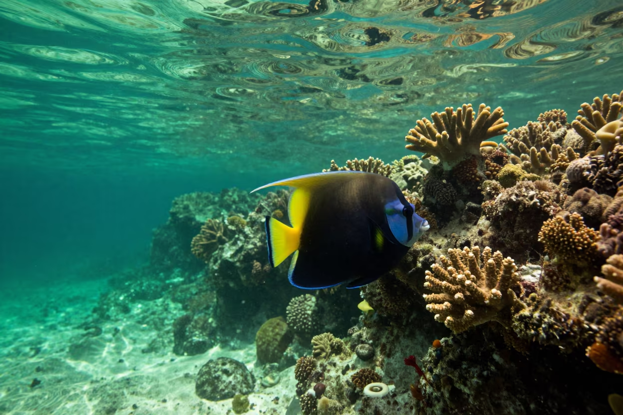 Moorish Idol Gliding Past Soft Coral Reef Belize in beside a volcanic reef overhang near Belize City
