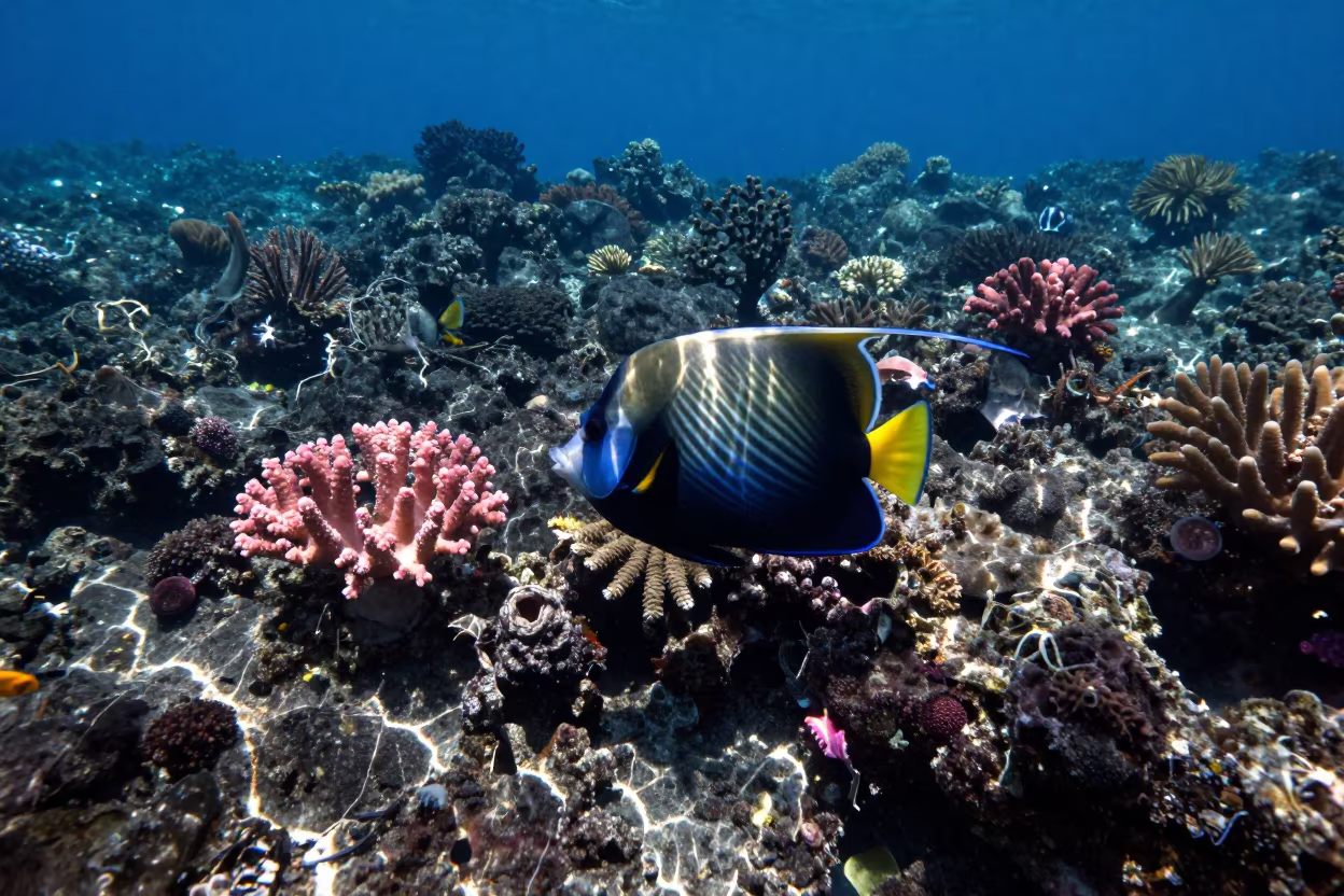 Moorish Idol Swimming Near Coral Reef Overhang in beside a volcanic reef overhang near Cairns
