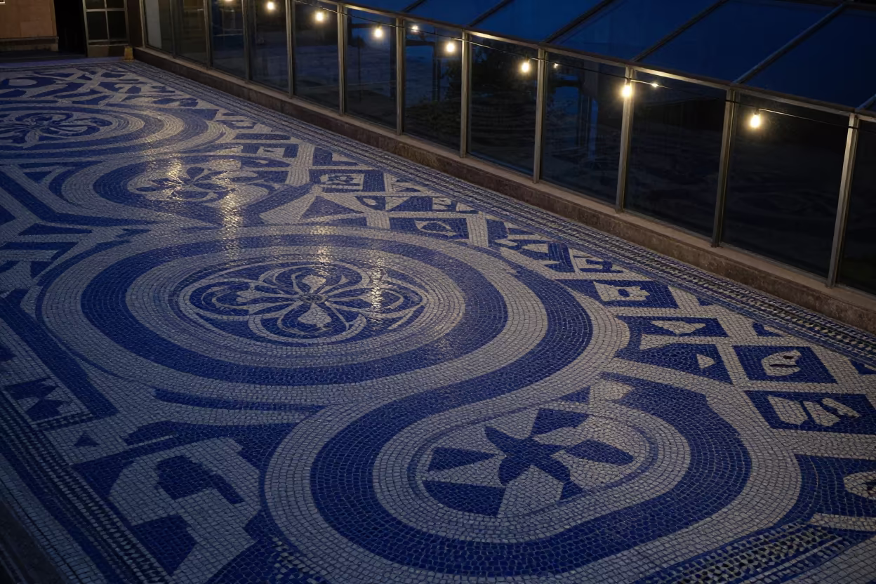Moorish Mosaic Floor Under Glass Roof Night in inside a glass-roofed arcade in Manaus
