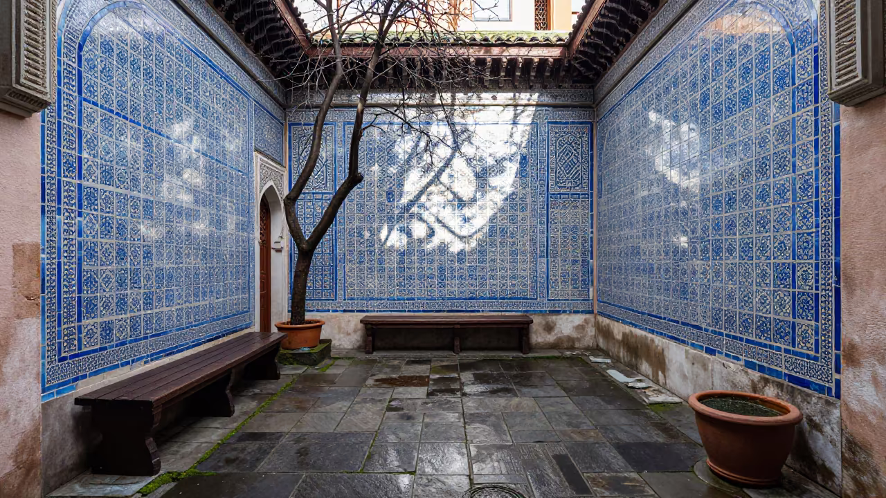 Moorish Tile Courtyard in Tokyo Winter Rain in inside a skylit passageway in Shimokitazawa, Tokyo