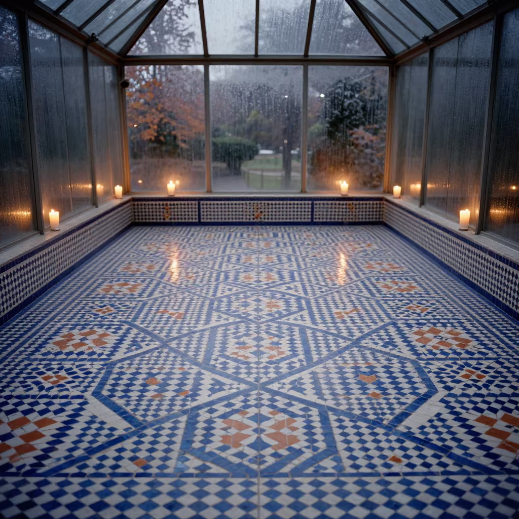 Moorish Tile Floor Glow in Glass Arcade in inside a glass-roofed arcade near Melbourne
