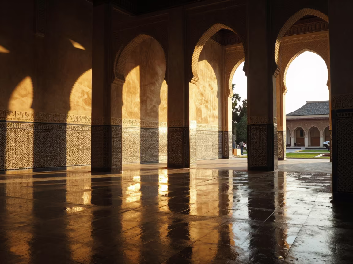 Moorish Tile Lobby in Golden Hour Drizzle in inside a ribbed concrete lobby near Van