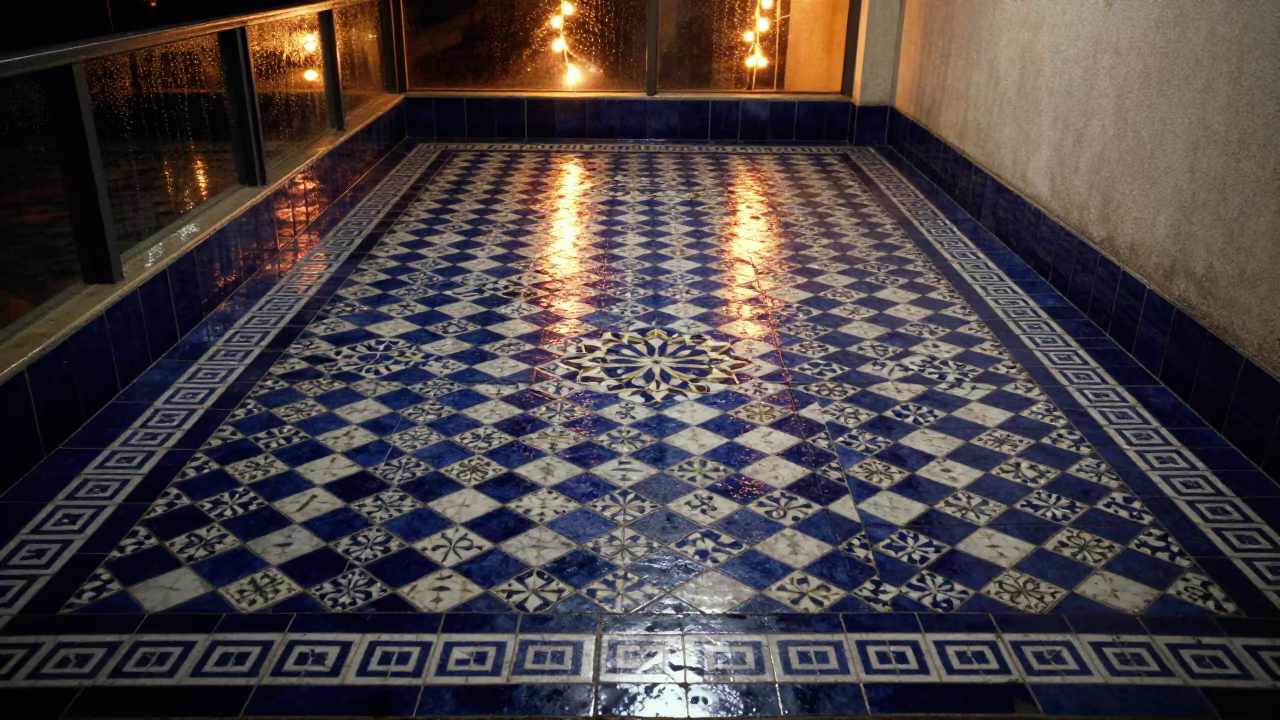 Moorish Tiled Floor Symmetry Lagos Night in inside a tiled stair hall near Lagos