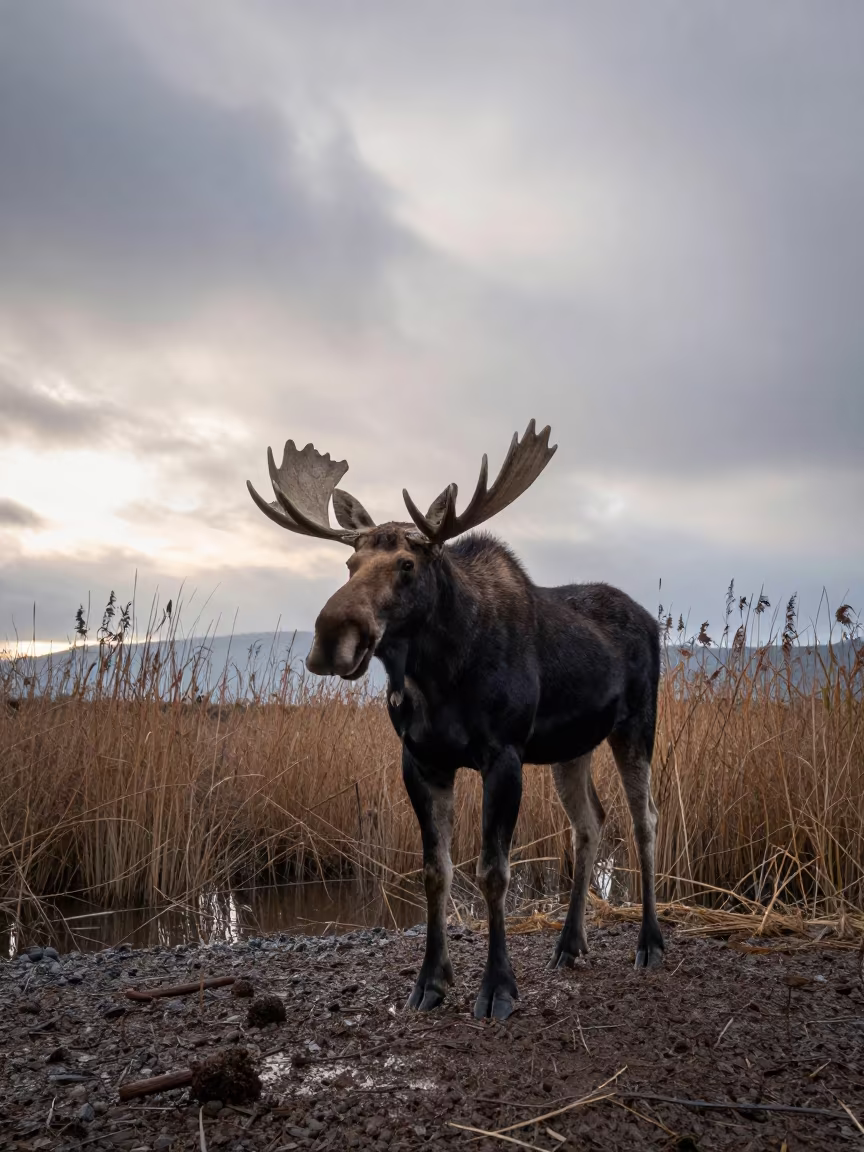 Moose at Reed Bed Edge Before Rain in at the edge of a reed bed in Yunnan