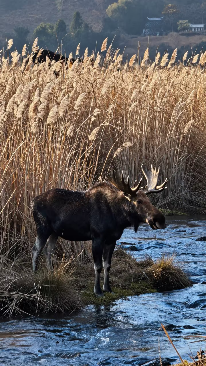 Moose by Storm Bent Reeds in Glacial Stream in above a glacial stream in Meghalaya