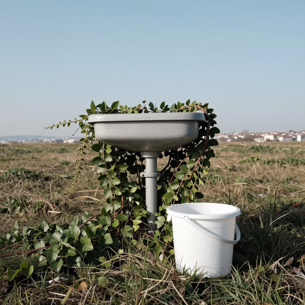 Mop Bucket Amid Jungle Vines in Winter Meadow in in a bloom-heavy meadow near Istanbul