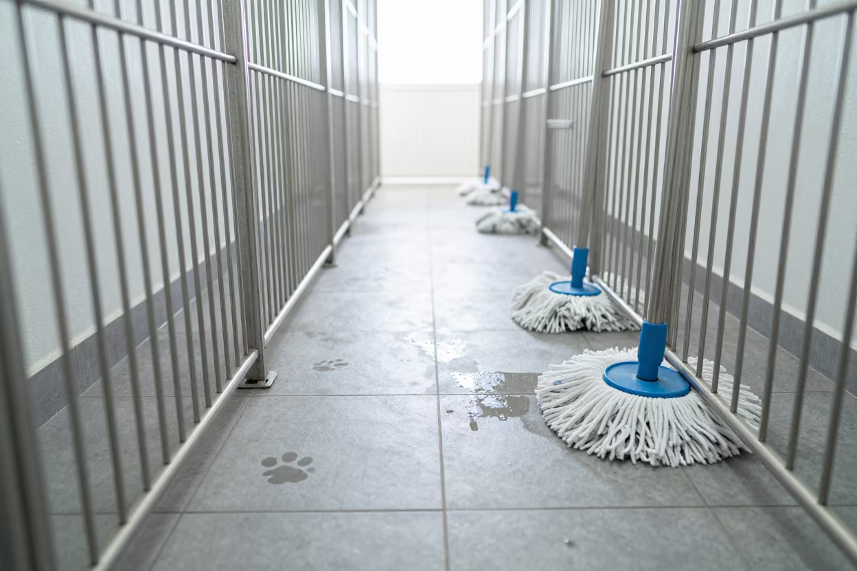 Mop Head Drying Rack in Kuantan Kennel in in a boarding kennel corridor in Kuantan