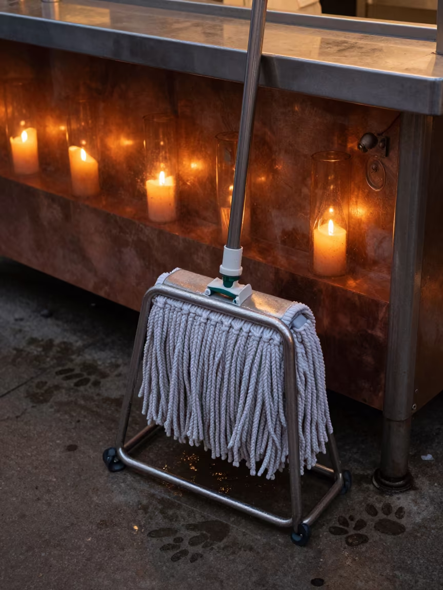Mop head drying rack with paw prints in Amsterdam fish counter in inside a fish bagging counter zone near Amsterdam