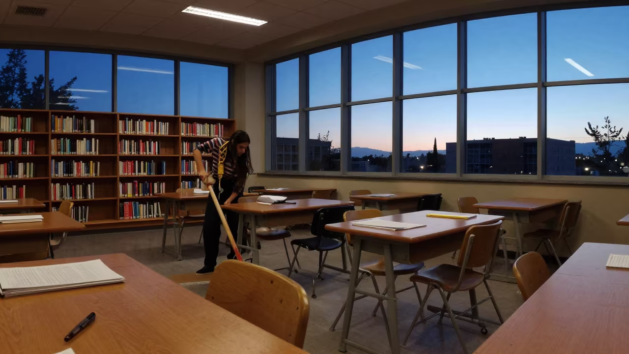 Mop on Stage Under Lamp Light Athens Classroom in inside a quiet classroom in Thisio, Athens