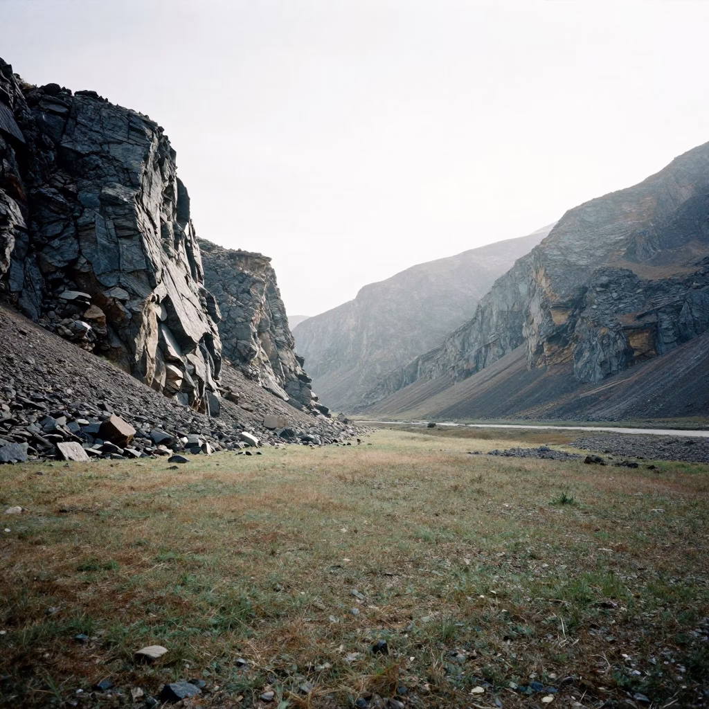Moraine Wall Across Russian Valley in Summer Glare in across a wide valley floor in Russia