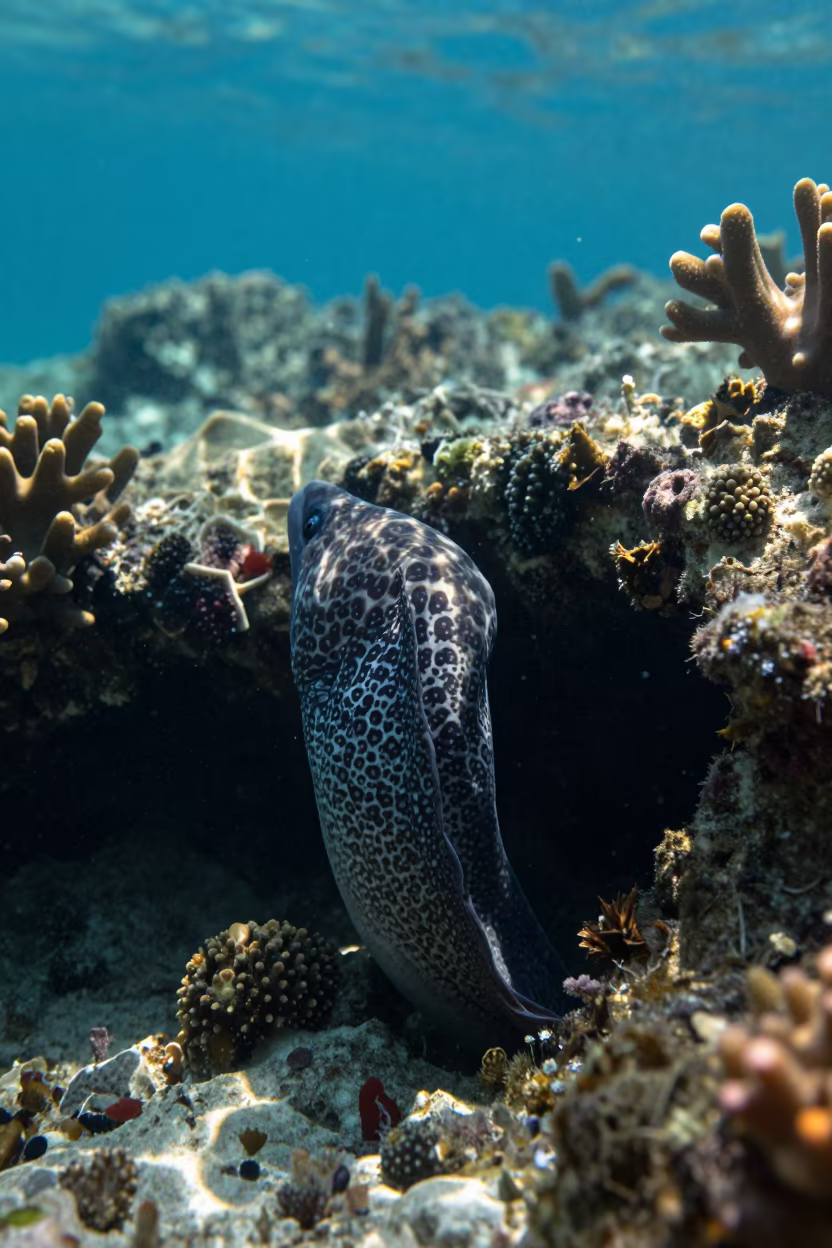 Moray Eel Behind Coral in Cairns Reef in beside a reef crevice under clear water near Cairns