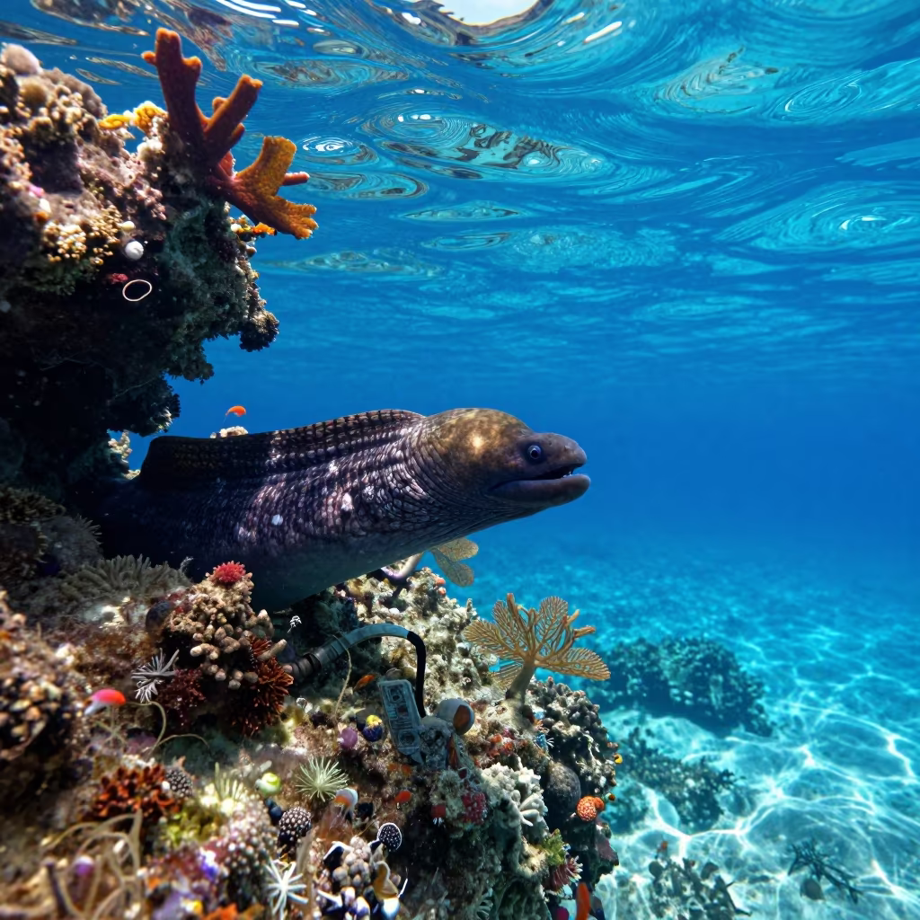 Moray Eel in Blue Hole Belize Volcanic Reef in beside a volcanic reef overhang near Belize City