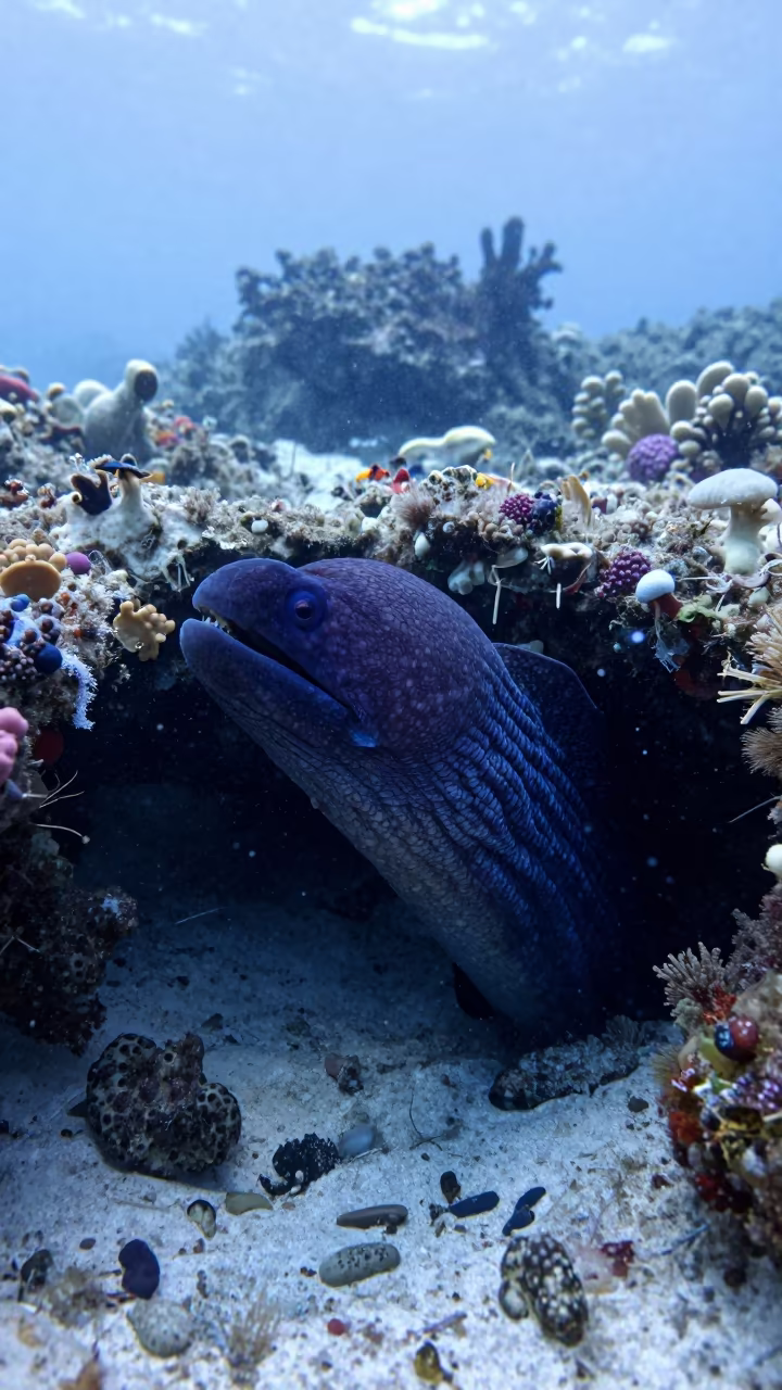 Moray Eel in Blue Hole Cobalt Dawn Light in beside a reef crevice under clear water near Zanzibar