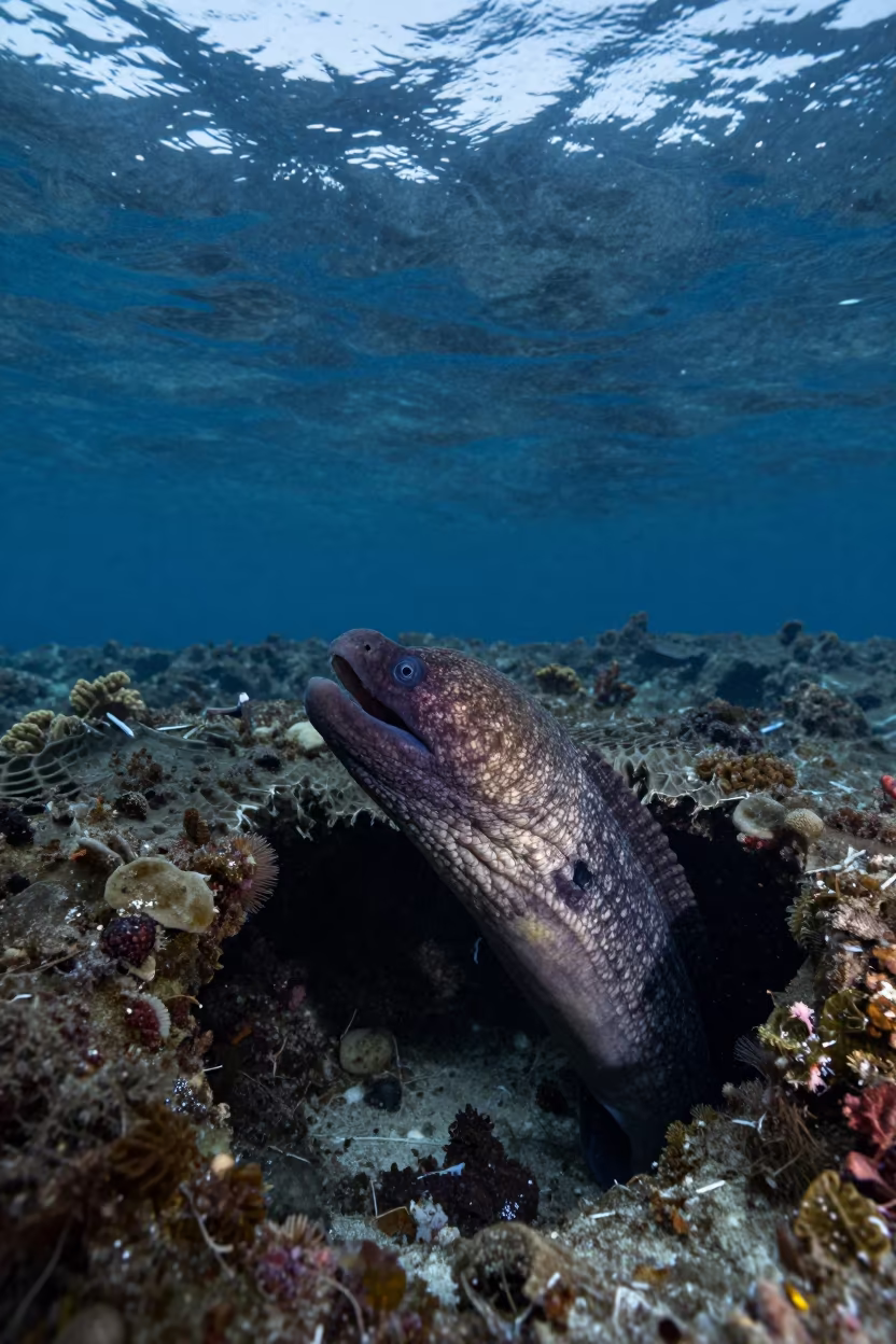 Moray Eel in Blue Hole Dawn Light in beside a reef crevice under clear water near Stone Town