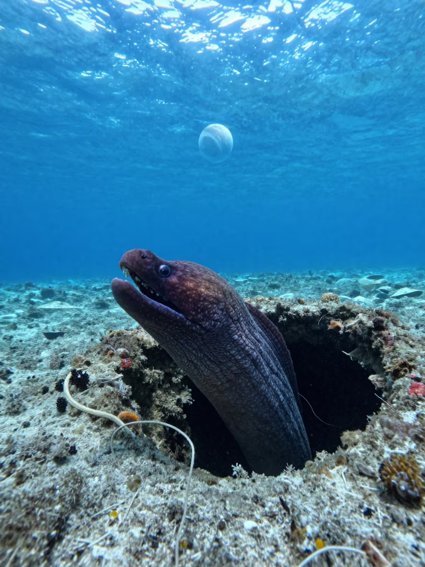 Moray Eel Blue Hole Ringed Planet Horizon in beneath a reef ledge in tropical shallows near Cebu