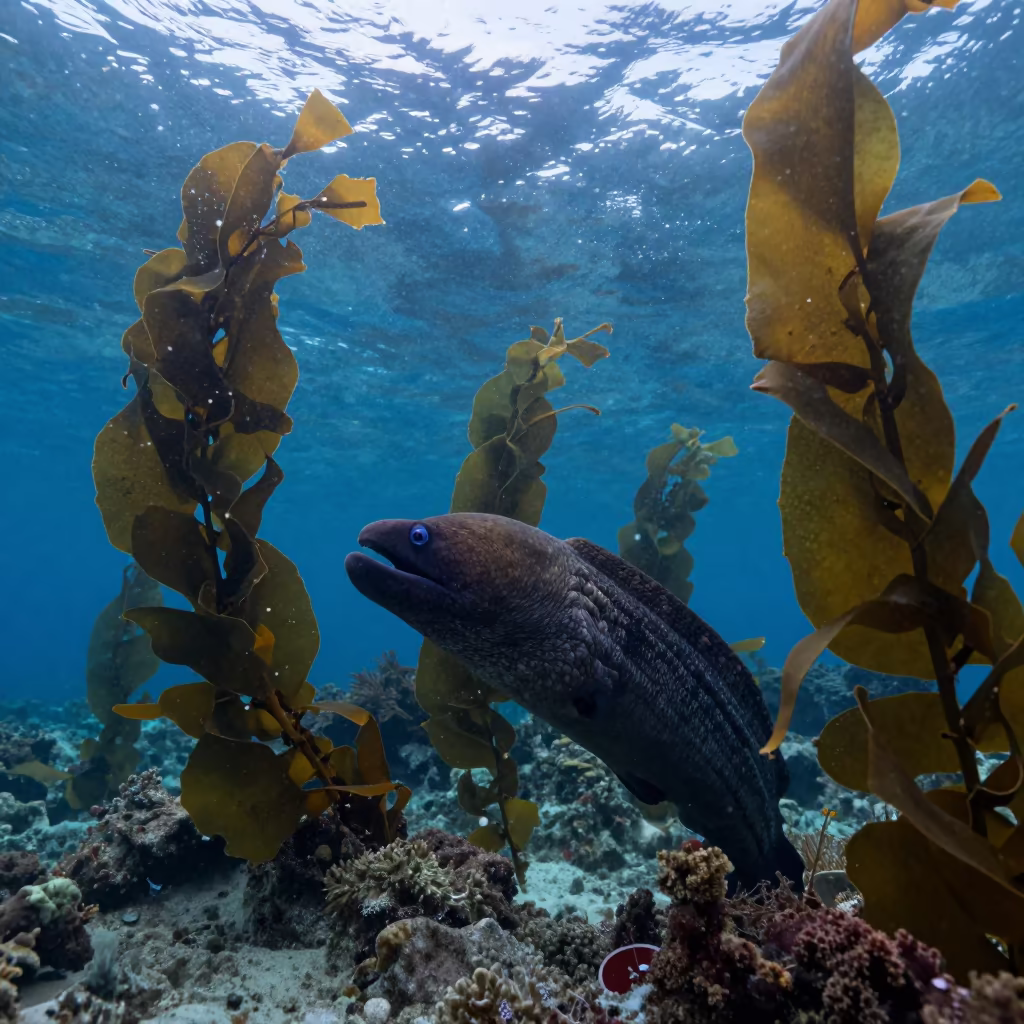 Moray Eel in Cobalt Kelp Forest Before Sunrise in beneath a reef ledge in tropical shallows near Cairns