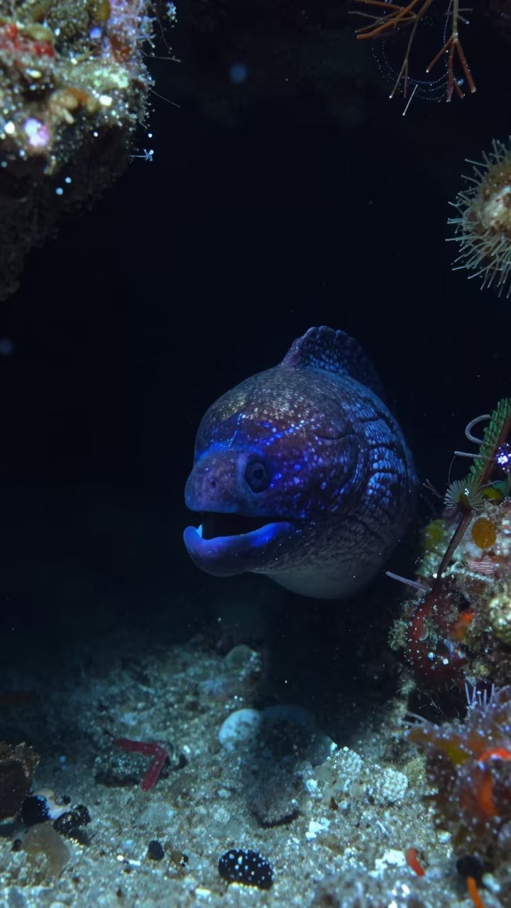 Moray Eel in Cobalt Reef Crevice Haze in beside a reef crevice under clear water near Stone Town