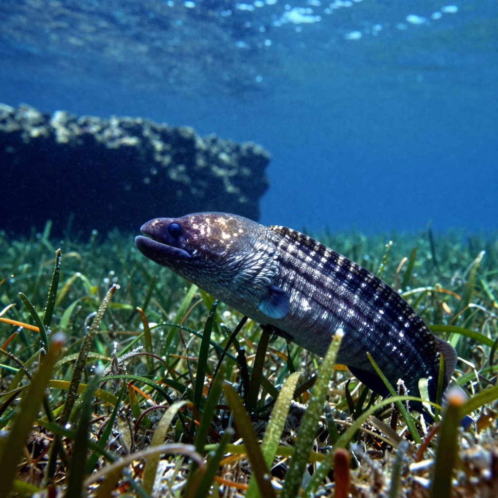 Moray Eel in Cobalt Seagrass Meadow in beneath a reef ledge in tropical shallows near Cairns