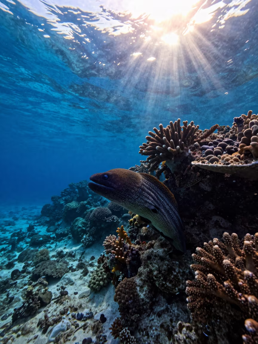 Moray Eel in Cobalt Sunset Water Zanzibar in along a coral wall with blue water beyond near Zanzibar