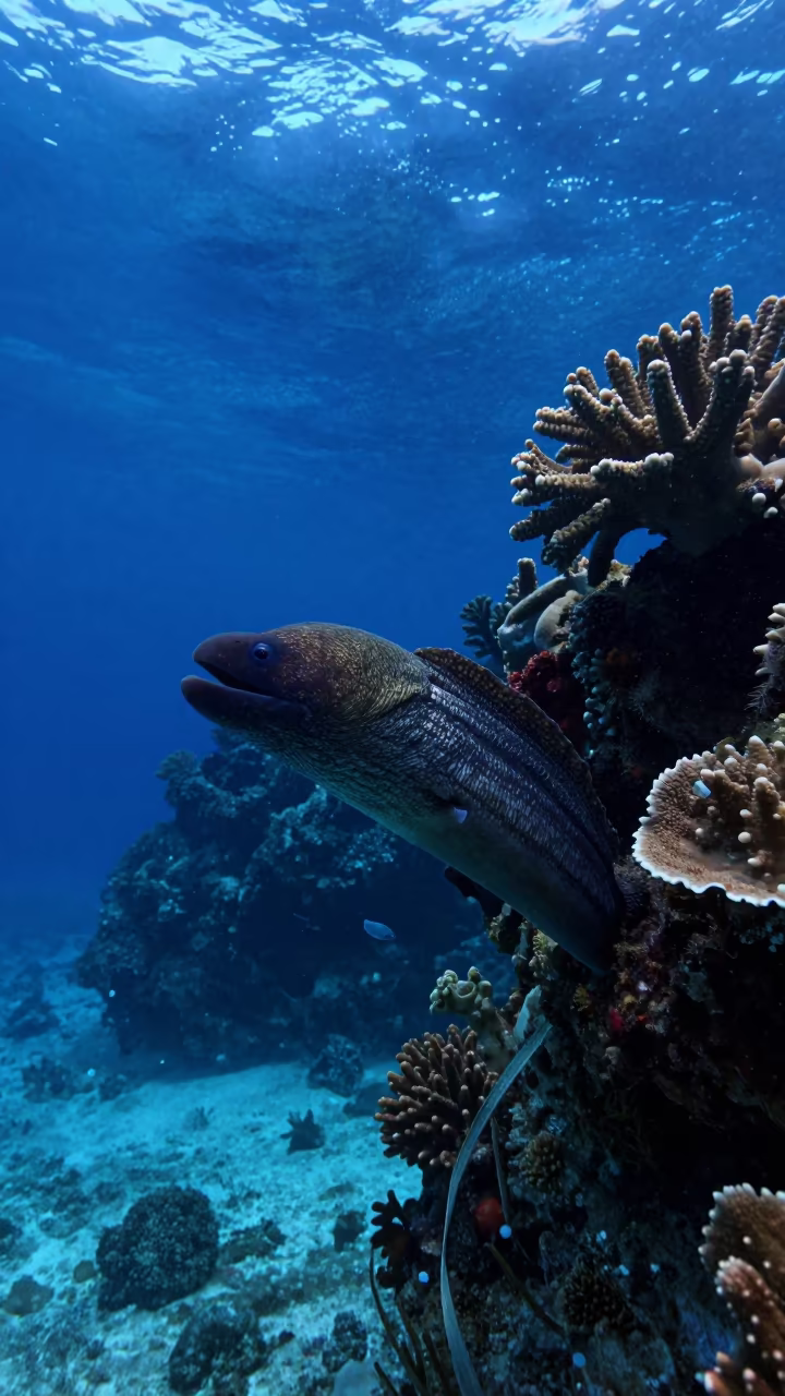 Moray Eel in Dawn Light Coral Wall Belize in along a coral wall with blue water beyond near Belize City