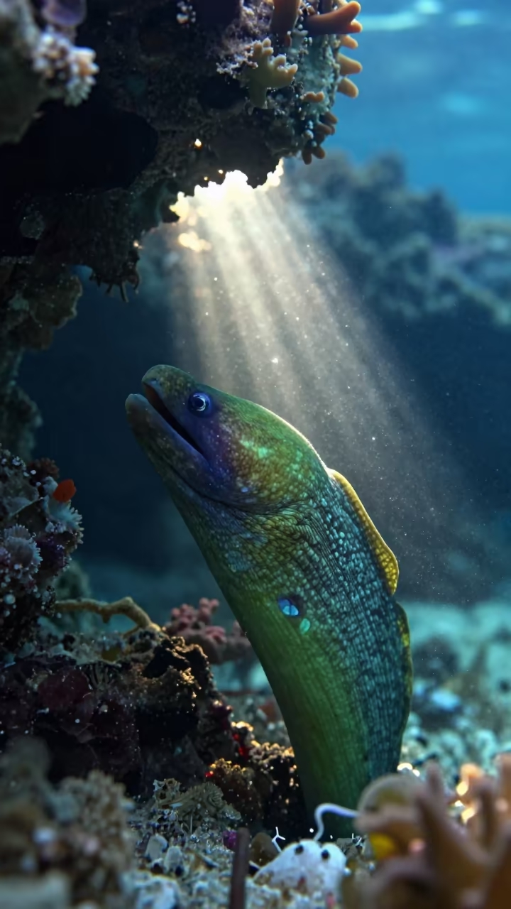 Moray Eel in Dawn Plankton Haze Cebu Reef in beside a volcanic reef overhang near Cebu
