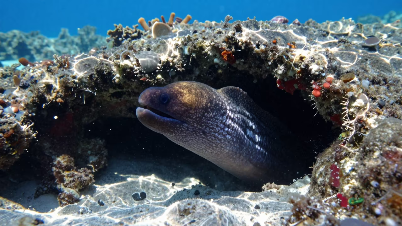 Moray Eel Emerging from Reef Crevice Belize in beside a reef crevice under clear water near Belize City