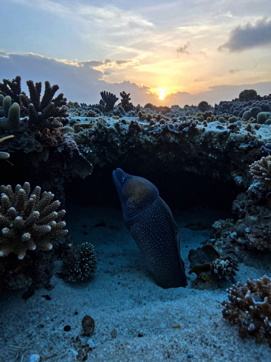 Moray Eel Emerging from Reef Ledge at Sunset in beneath a reef ledge in tropical shallows near Zanzibar