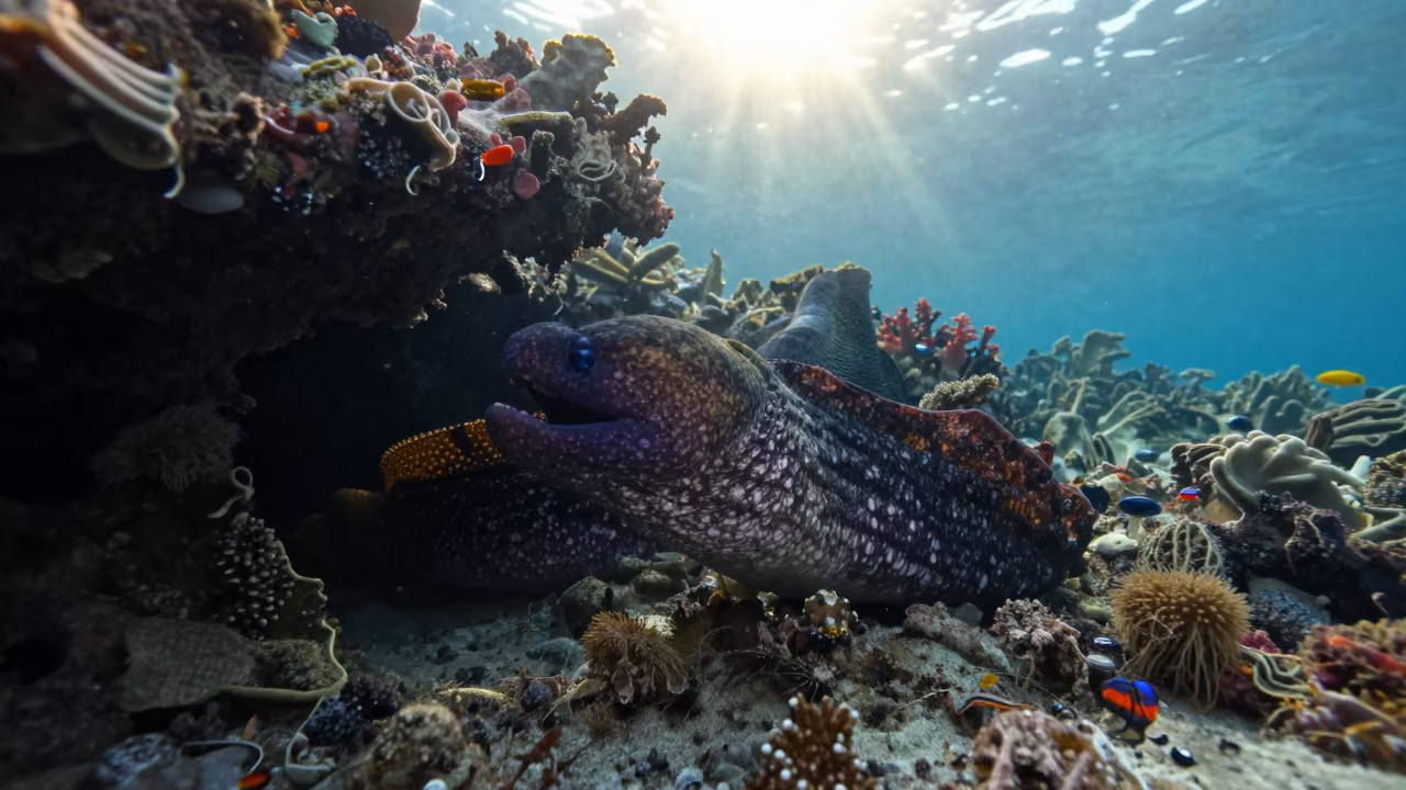 Moray Eel Emerging from Volcanic Reef Belize in beside a volcanic reef overhang near Belize City