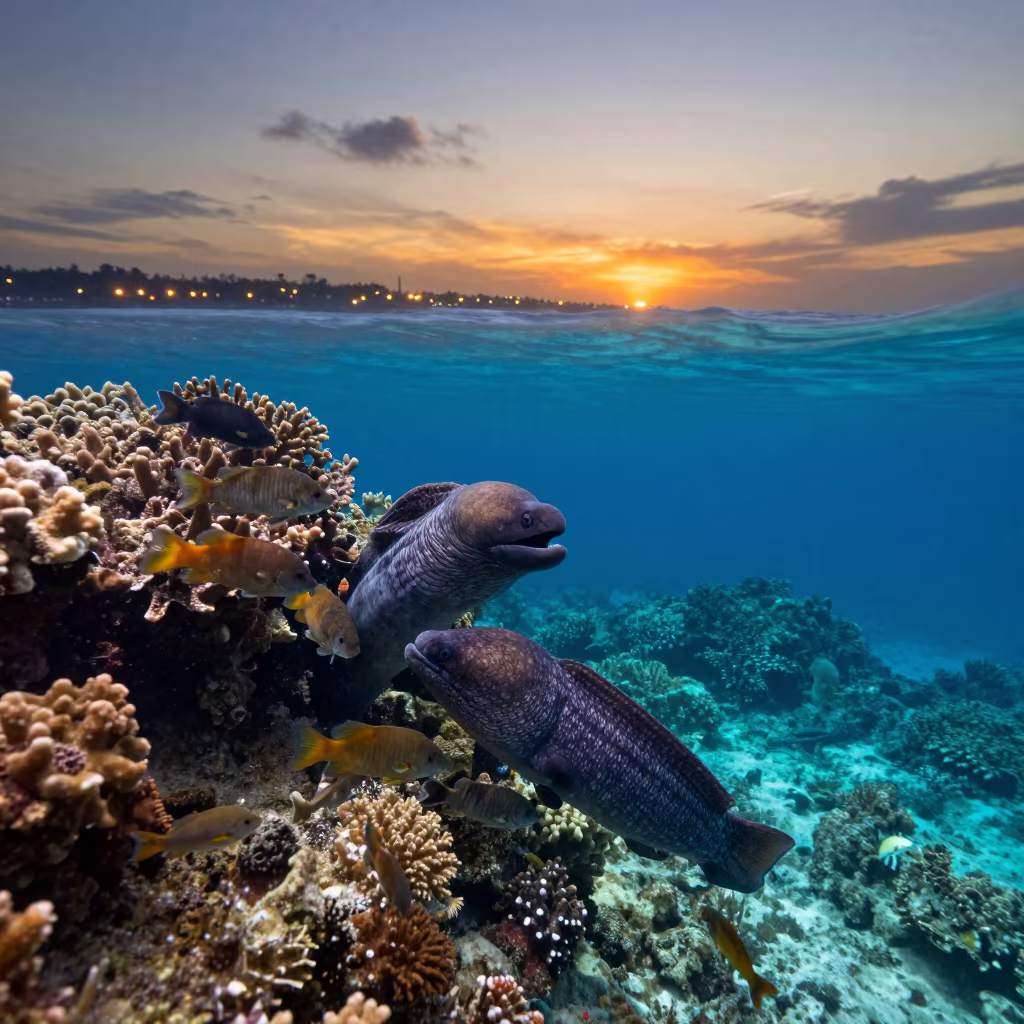 Moray Eel and Grouper Hunt Reef Cebu in along a coral wall with blue water beyond near Cebu