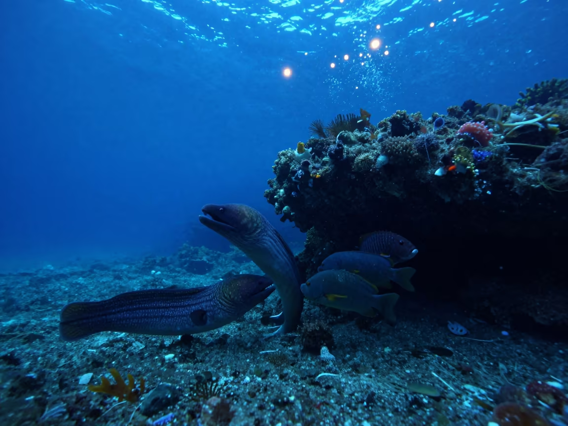Moray Eel and Grouper Hunting Reef Under Bali Lights in beside a reef crevice under clear water near Denpasar