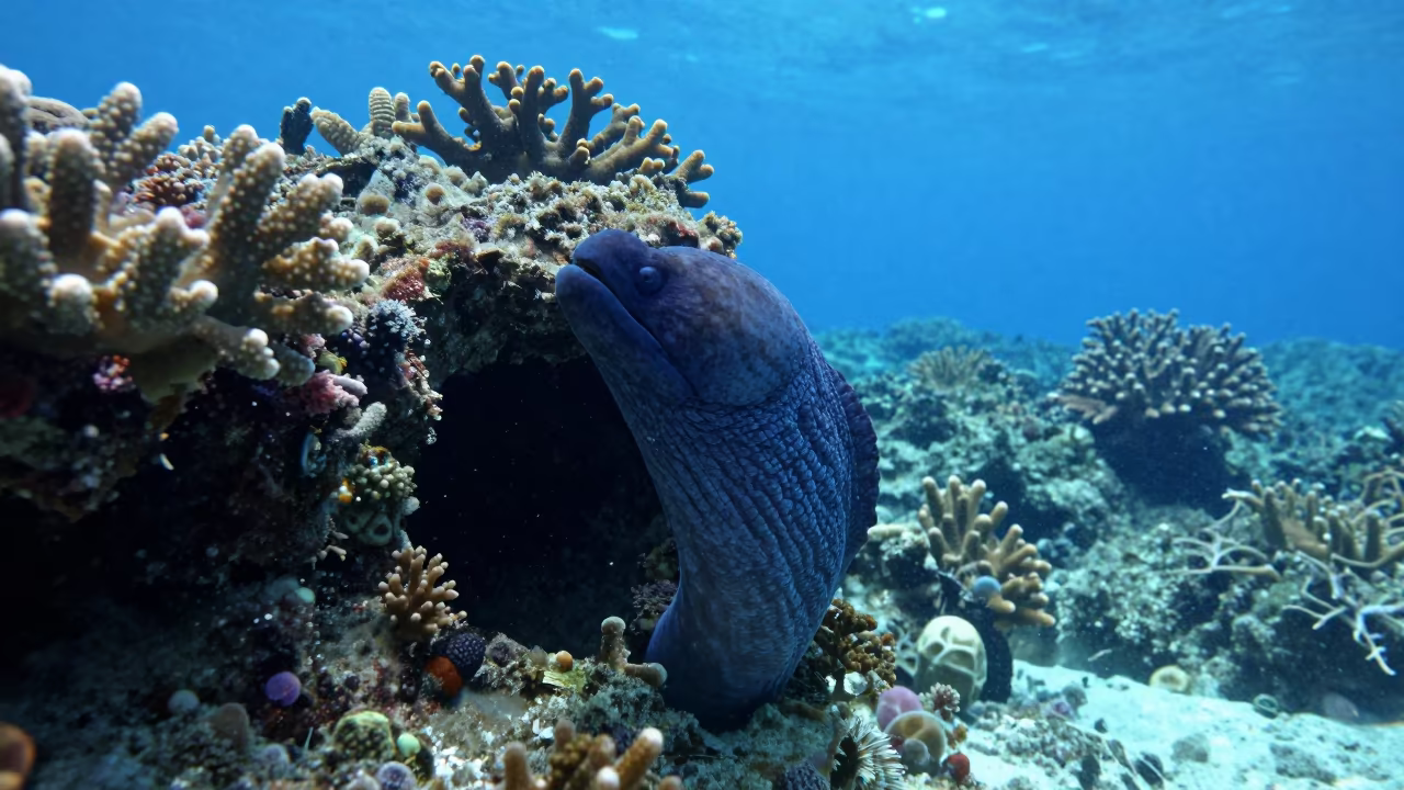 Moray Eel Hiding in Blue Hole in along a coral wall with blue water beyond near Cairns