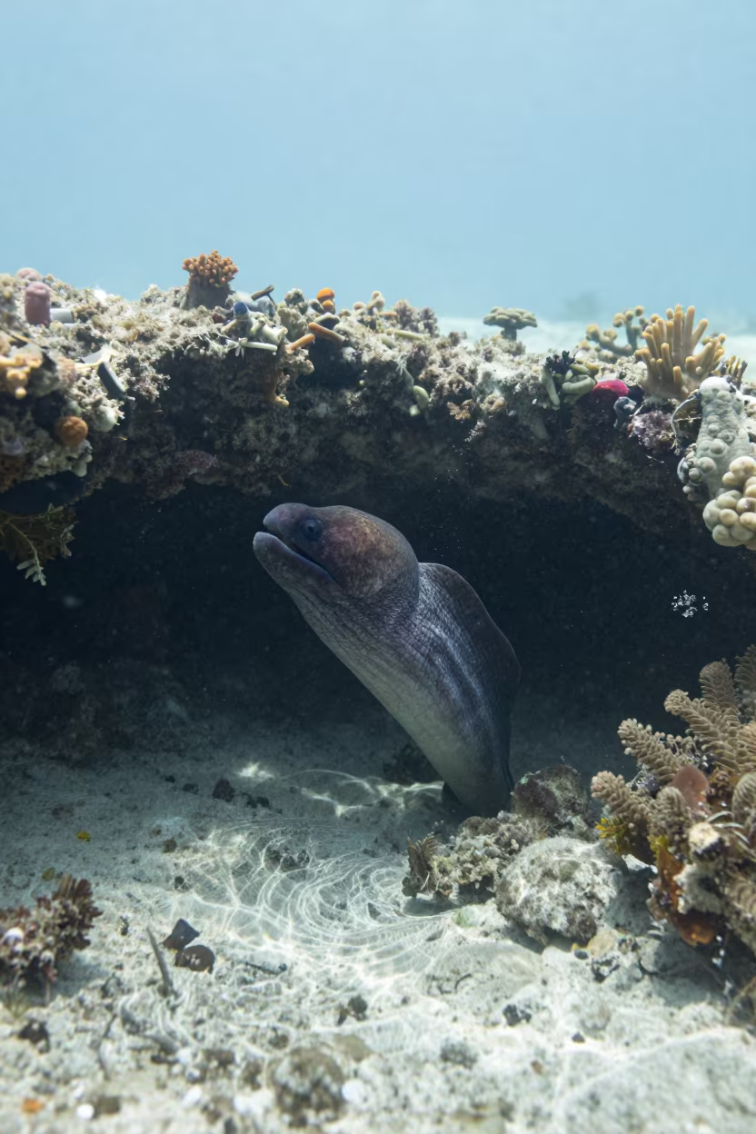 Moray Eel Through Plankton Haze at Dawn in beneath a reef ledge in tropical shallows near Cebu