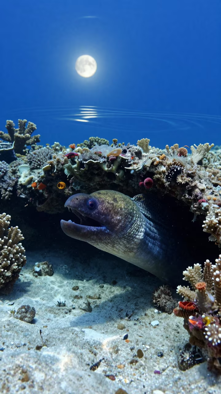 Moray Eel Emerging from Reef Crevice in Moonlight in beside a reef crevice under clear water near Cairns