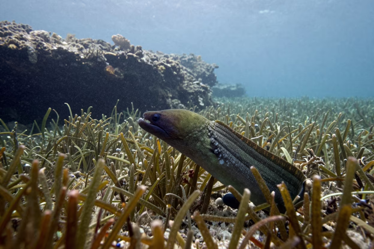 Moray Eel in Seagrass at Dawn Near Zanzibar in beneath a reef ledge in tropical shallows near Zanzibar