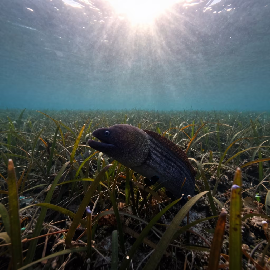 Moray Eel in Seagrass Meadow at Dawn in beneath a reef ledge in tropical shallows near Belize City
