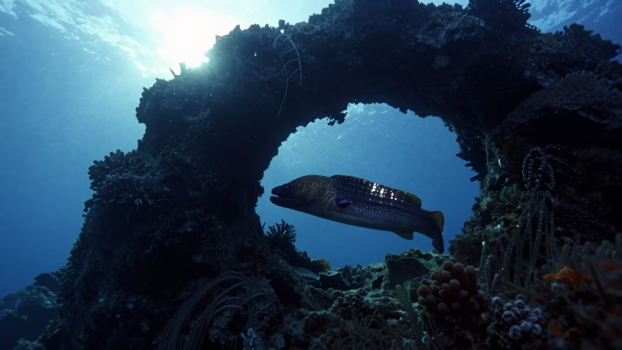 Moray Eel Silhouette Through Volcanic Arch Dawn in beneath a reef ledge in tropical shallows near Cebu