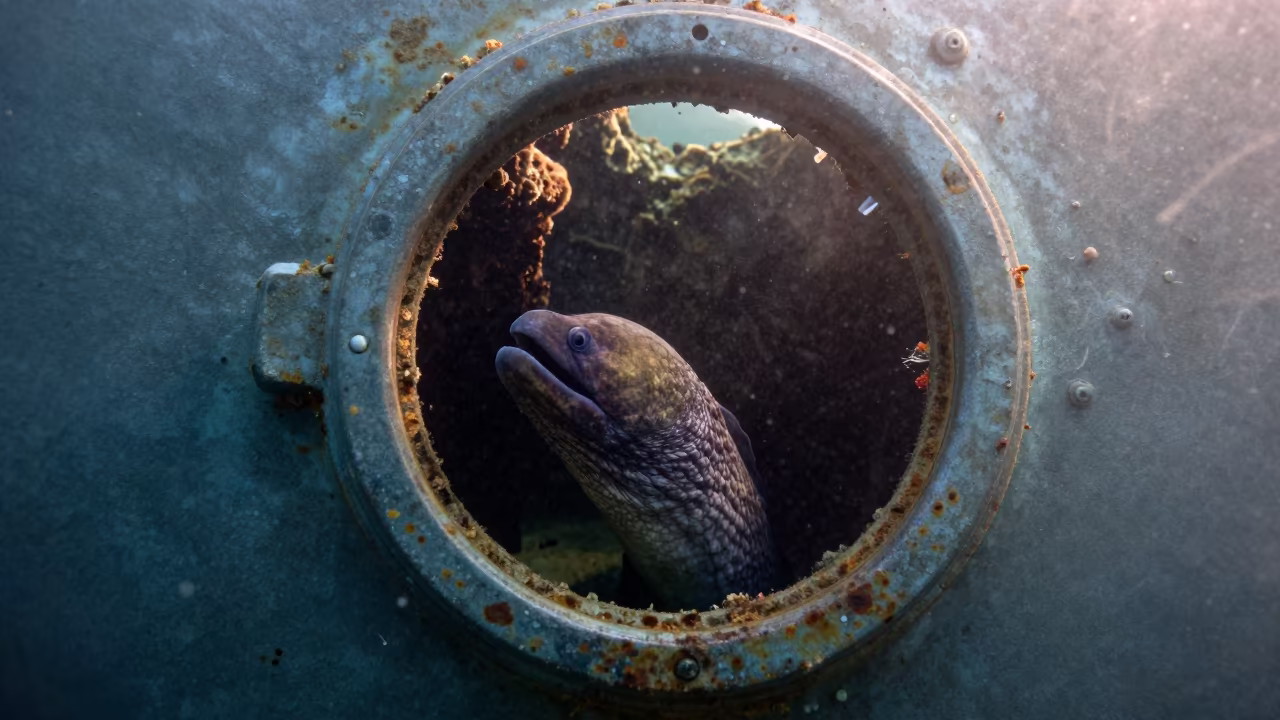 Moray Eel in Sunken Ship Porthole Bali in beside a reef crevice under clear water near Denpasar
