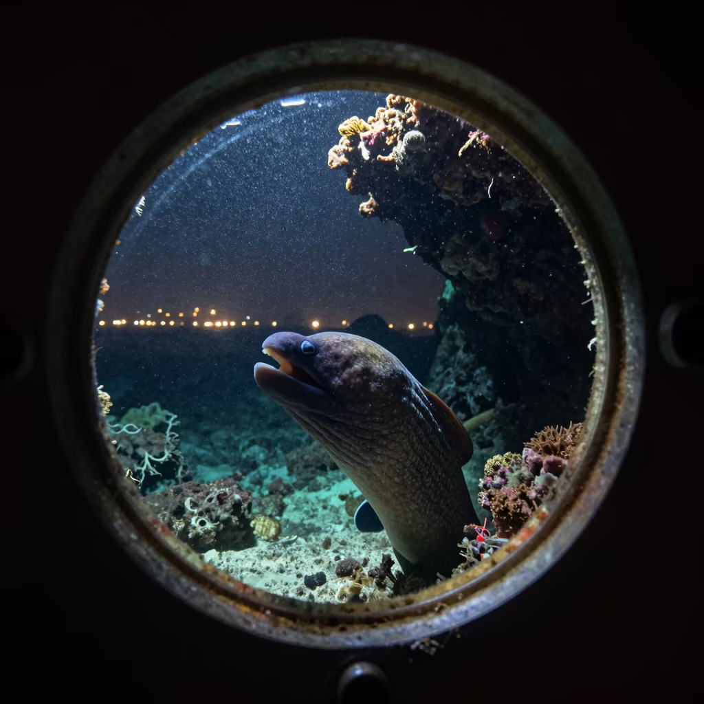Moray Eel in Sunken Ship Porthole Belize in beside a volcanic reef overhang near Belize City
