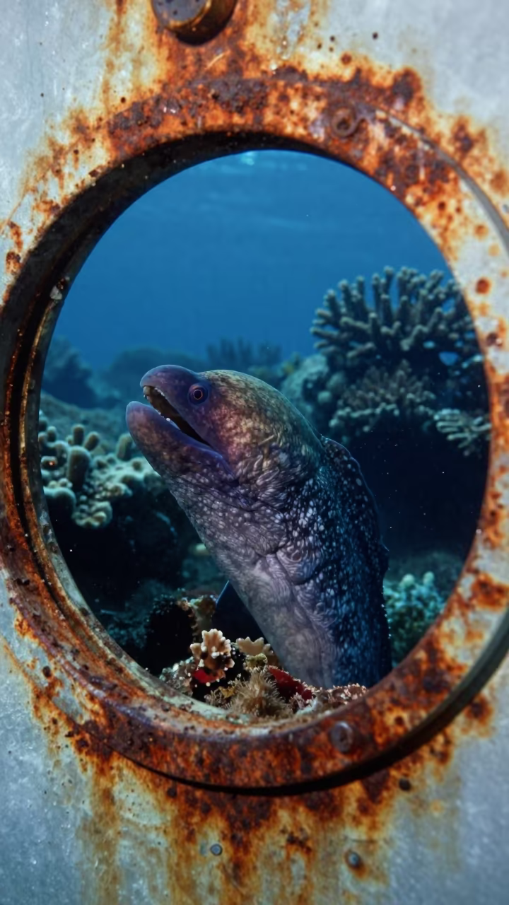 Moray Eel Framed by Sunken Ship Porthole in along a coral wall with blue water beyond near Cairns