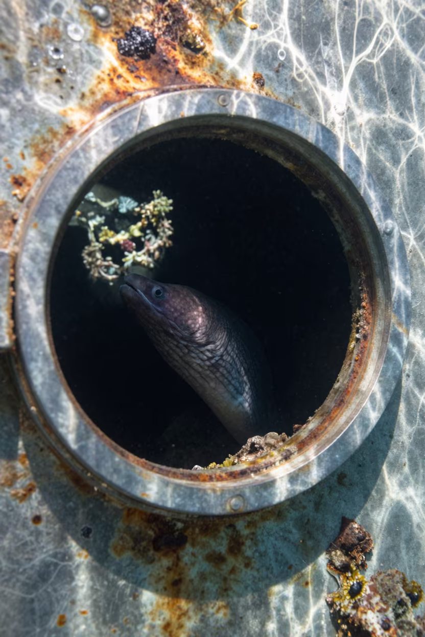 Moray Eel Through Sunken Ship Porthole in beside a volcanic reef overhang near Denpasar