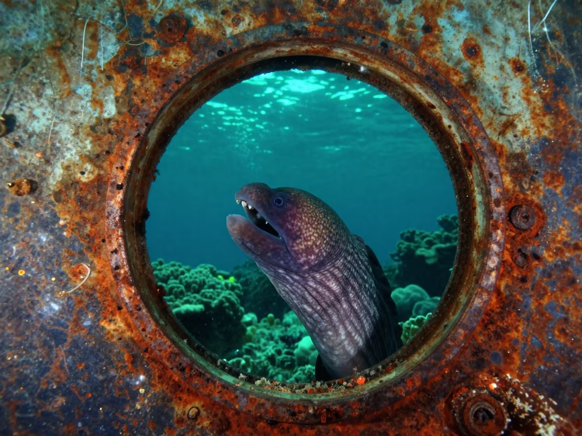 Moray Eel Through Sunken Ship Porthole in beneath a reef ledge in tropical shallows near Denpasar