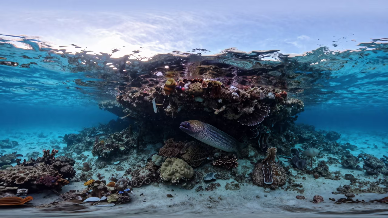 Moray Eel in Sunlit Thermocline Before Dawn in beneath a reef ledge in tropical shallows near Stone Town