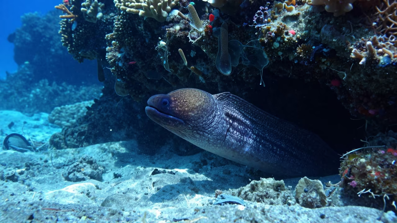 Moray Eel Through Volcanic Arch in Cobalt Light in along a coral wall with blue water beyond near Cebu