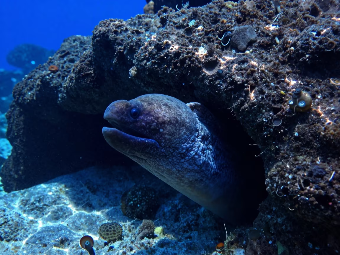 Moray Eel Through Volcanic Arch in Cobalt Light in beside a reef crevice under clear water near Cairns