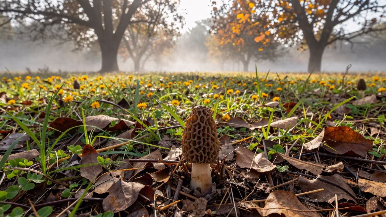 Morel Mushroom in Autumn Meadow Fog in in a bloom-heavy meadow near Guwahati