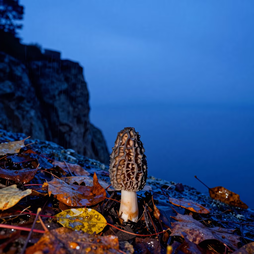Morel Mushroom on Cliff Edge Monaco Blue Hour in along a salt-sprayed cliff edge in Monaco